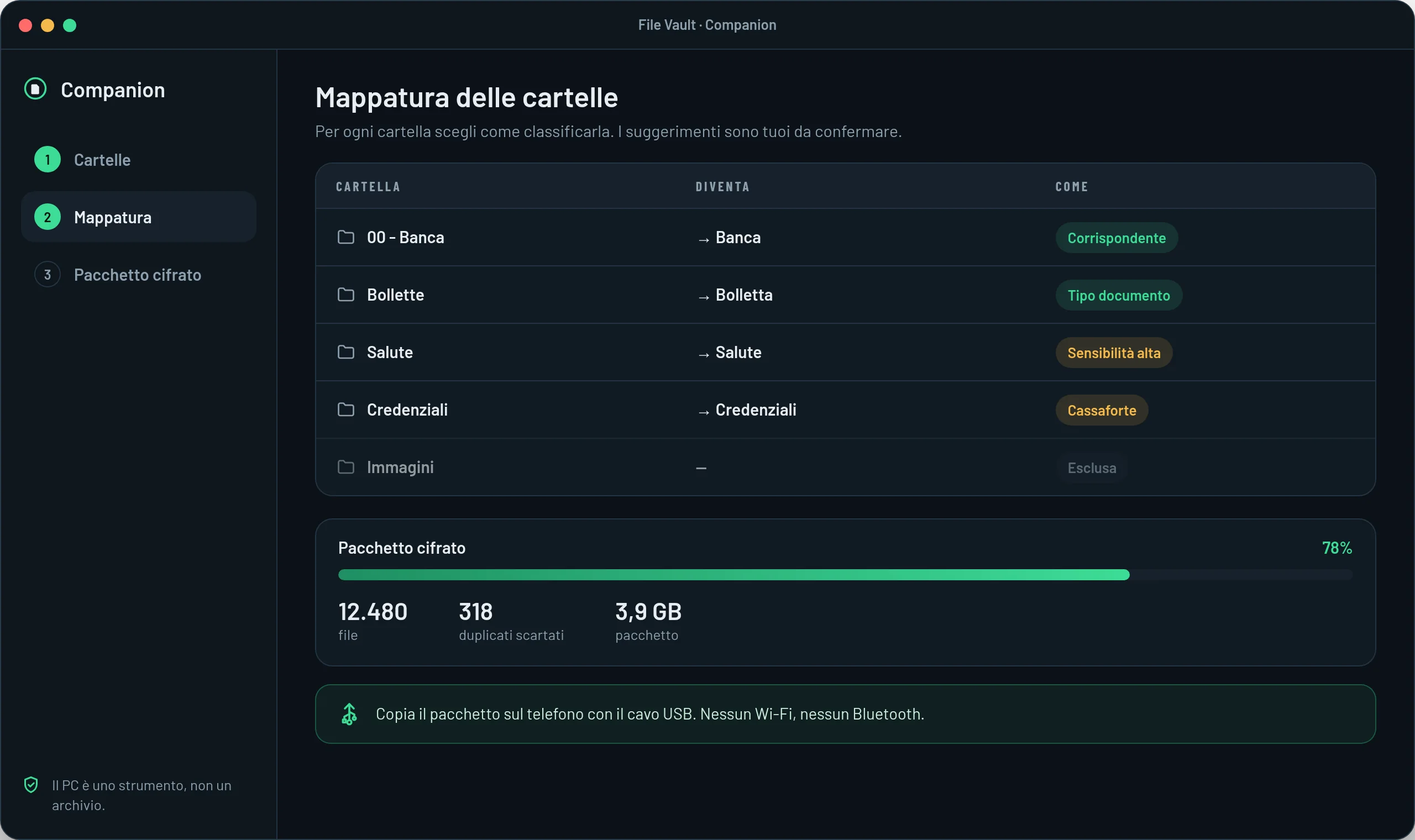 Il Companion per PC: la mappatura delle cartelle e il pacchetto cifrato in preparazione