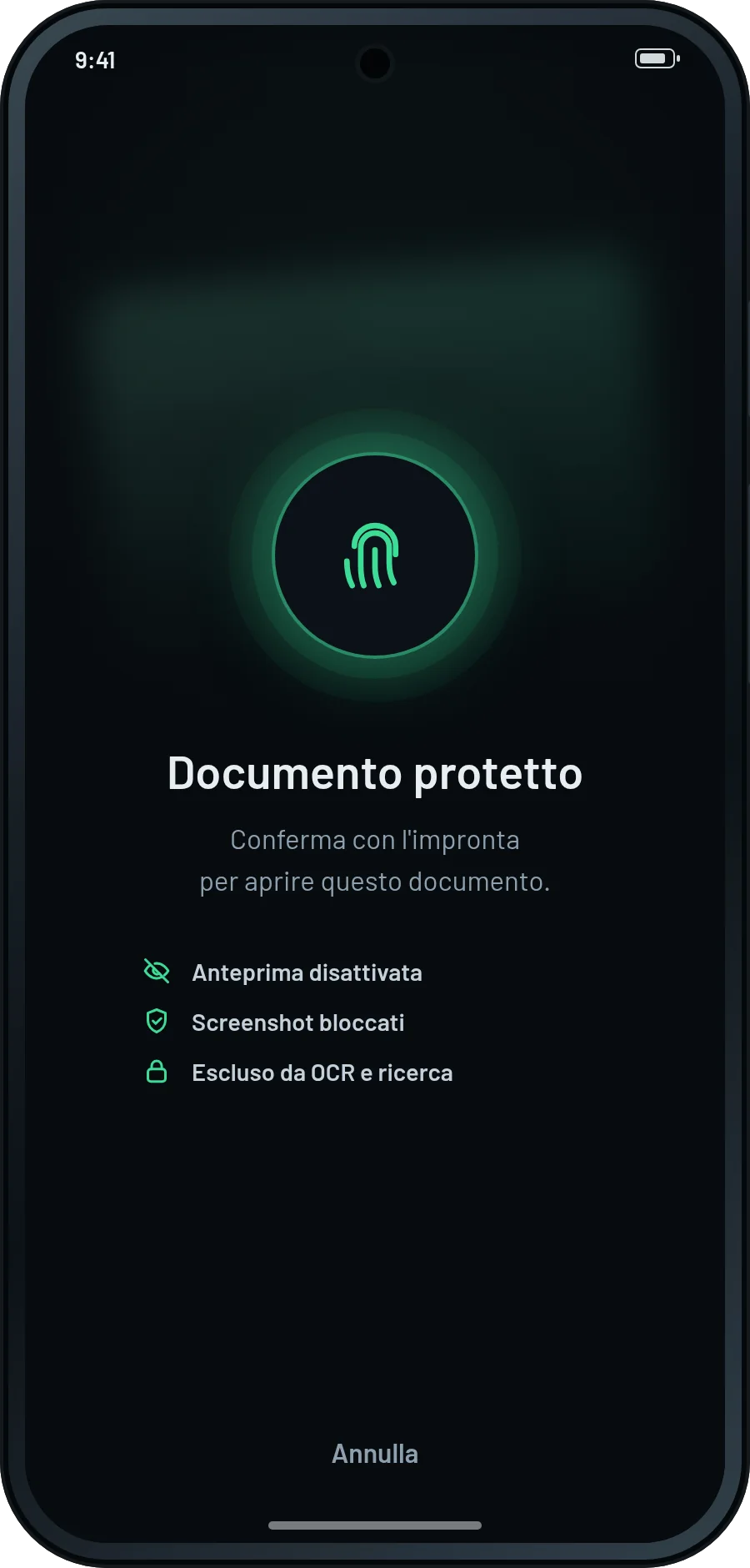 Schermata di blocco: un documento protetto che chiede l'impronta