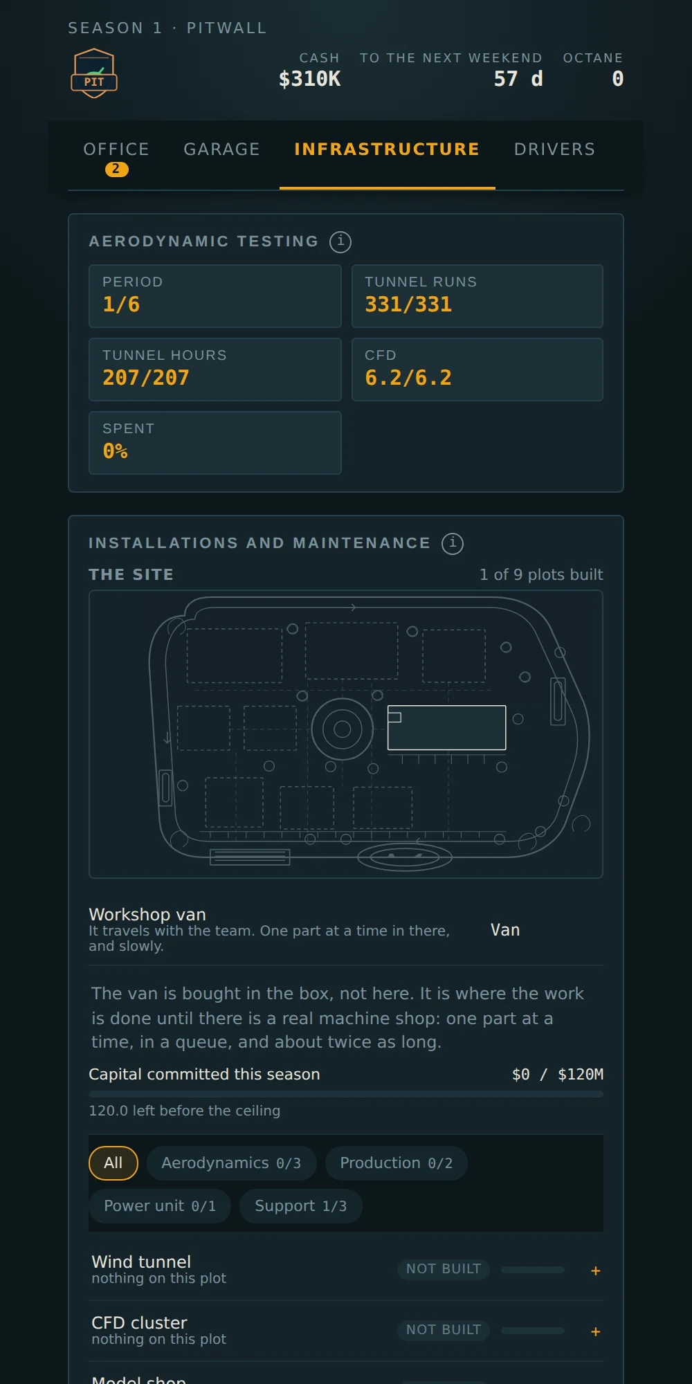 Infrastructure: the site plan with its empty plots, and the list of facilities to build underneath.