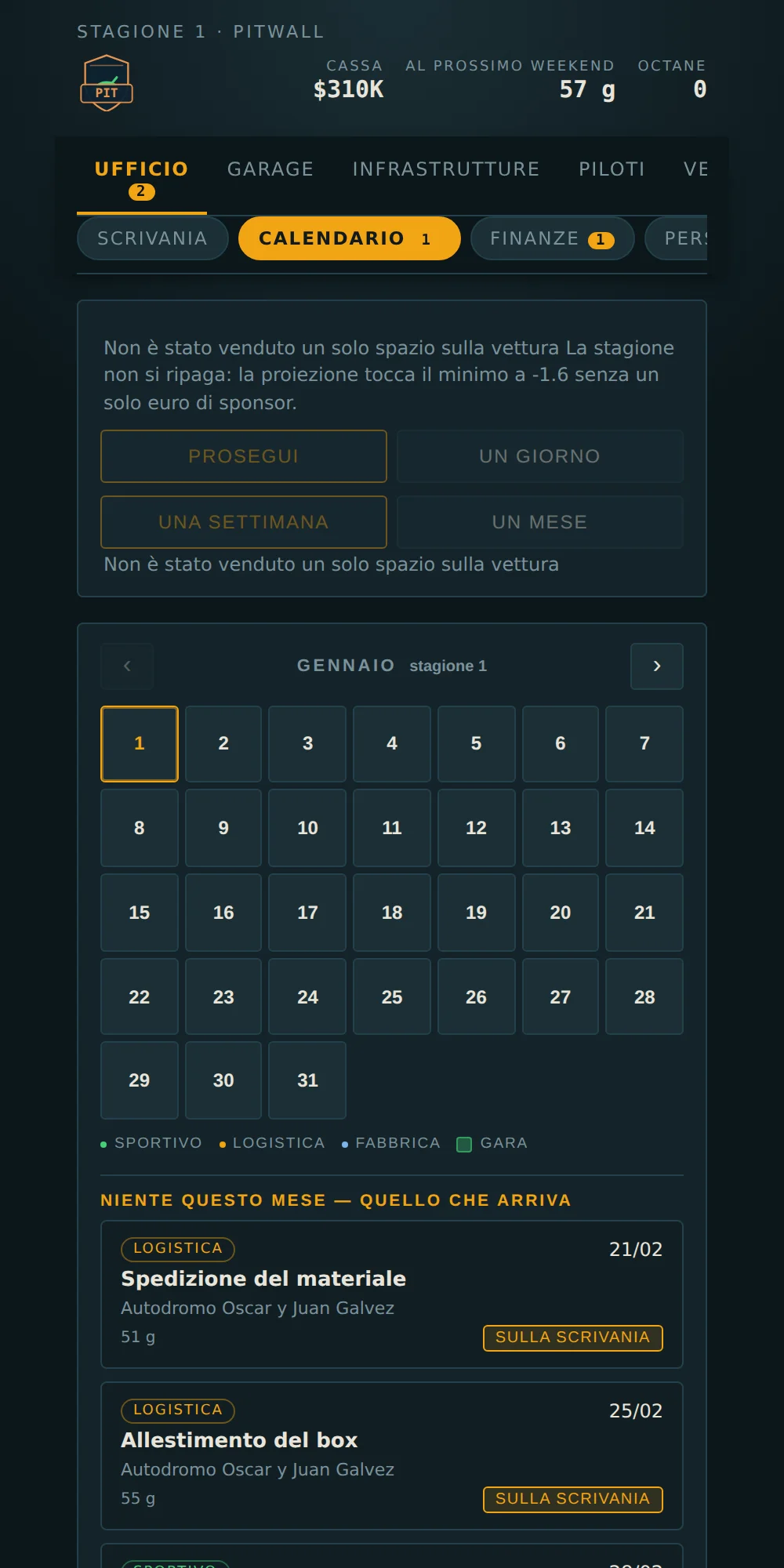 Il calendario: i giorni della stagione con gli impegni datati e i tasti che fanno avanzare l'orologio — un giorno, una settimana, un mese.